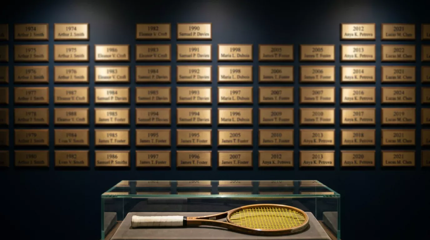 Pared del Salón de la Fama de Tennis Australia con placas de campeones del Open de Australia a lo largo de las décadas