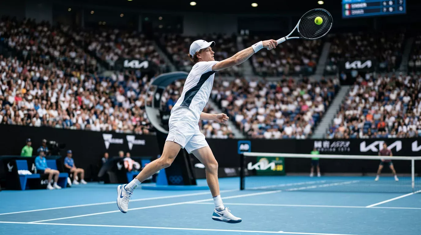 Jannik Sinner ejecuta un saque en pista dura azul GreenSet del Rod Laver Arena durante el Open de Australia 2026, con raqueta y equipación oficial